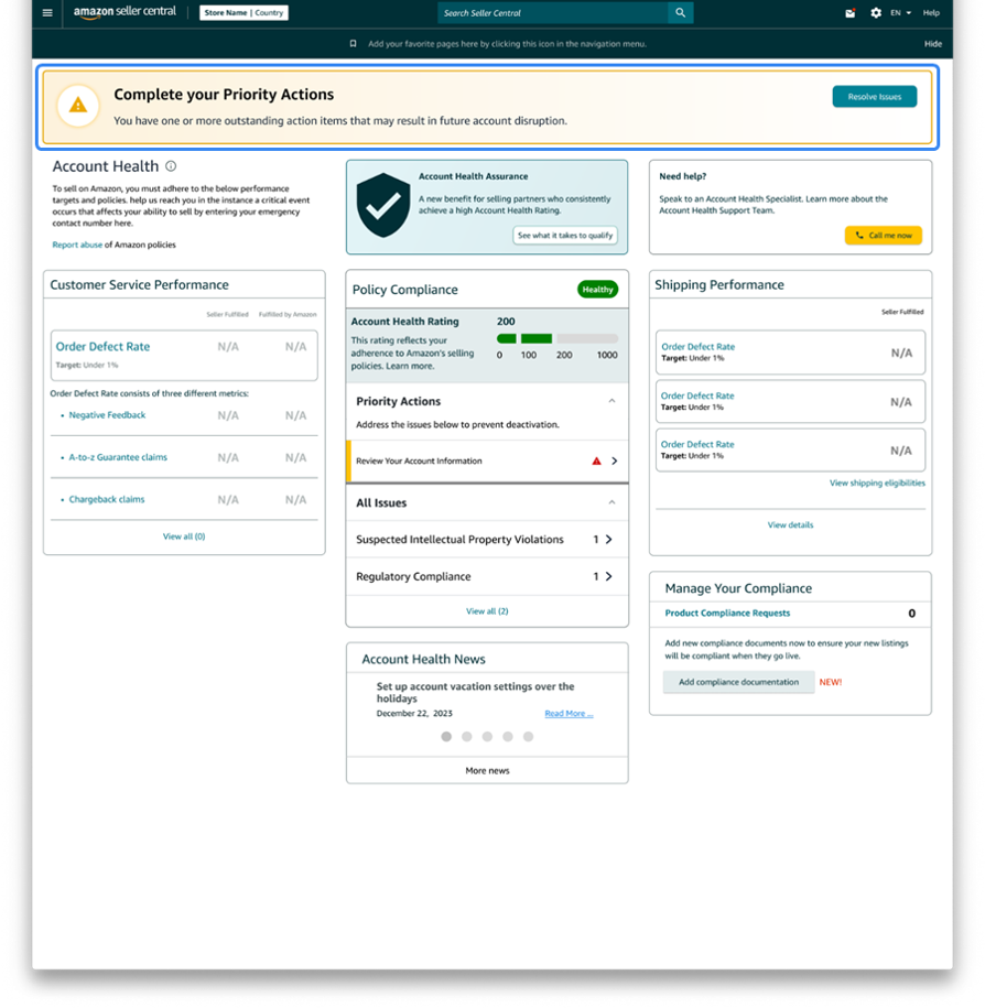 소비자 정보 알림법에 따라 추가적인 정보 검증 절차가 필요한 경우 아마존 셀러 센트럴 내 어카운트 헬스 페이지에서 확인할 수 있는 화면 상세하게 소개