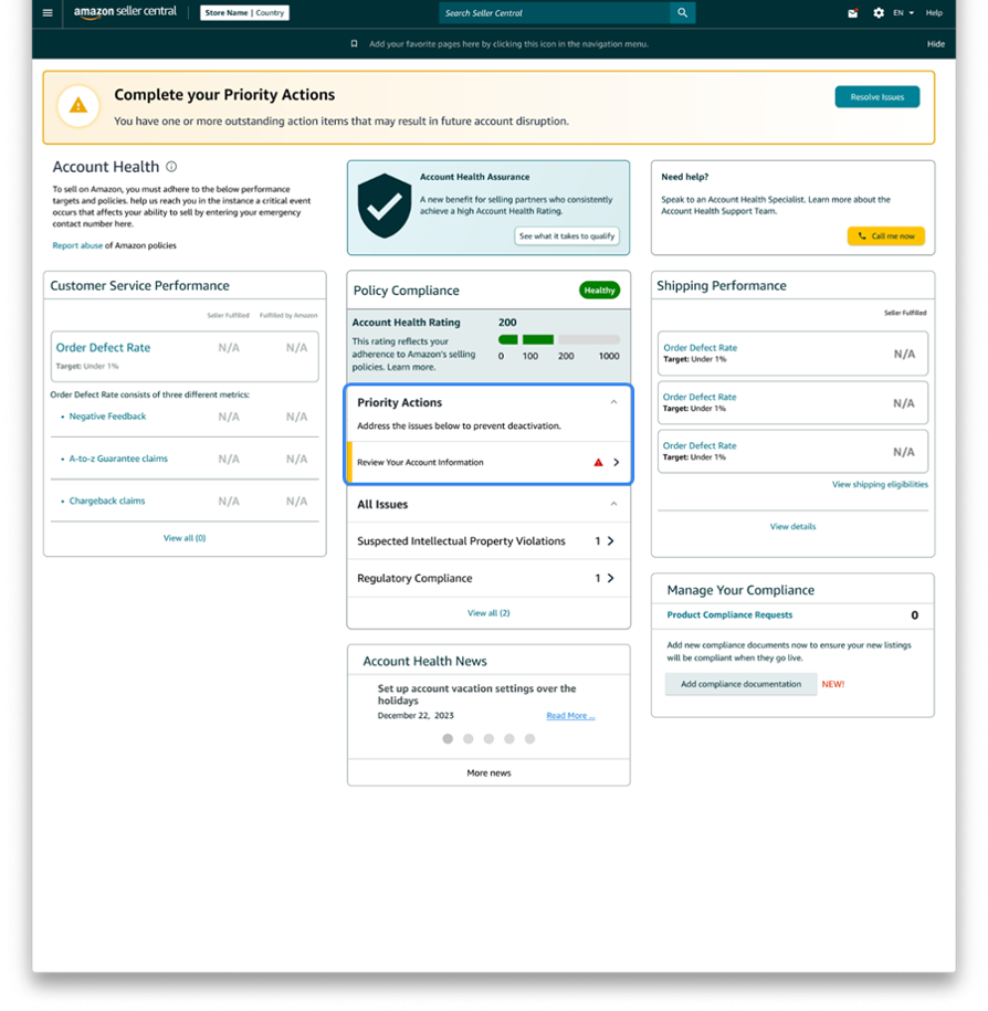 소비자 정보 알림법에 따라 검증 절차가 필요한 경우, 아마존 셀러 센트럴 내 어카운트 헬스 페이지에서 '우선 순위 조치(Priority Actions)' 영역을 확인하는 방법을 소개