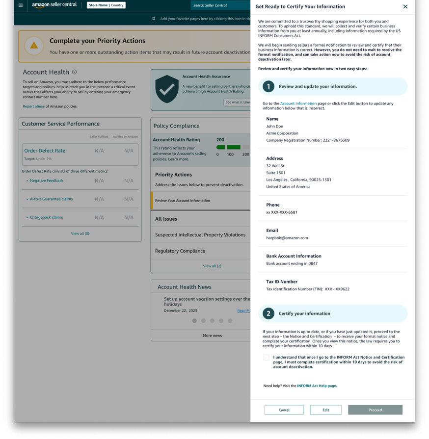 소비자 정보 알림법에 따라 검증 절차가 필요한 경우, 아마존 셀러 센트럴 내 어카운트 헬스 페이지에서 신원 정보, 계좌 정보, 비즈니스 정보 등을 포함한 인증 필요 정보를 확인하는 방법을 소개