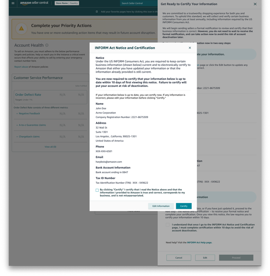 소비자 정보 알림법에 따라 검증 절차가 필요한 경우, 아마존 셀러 센트럴 내 어카운트 헬스 페이지에서 계정 정보 및 인증 옵션 팝업 창을 통해 인증을 진행하는 방법을 소개