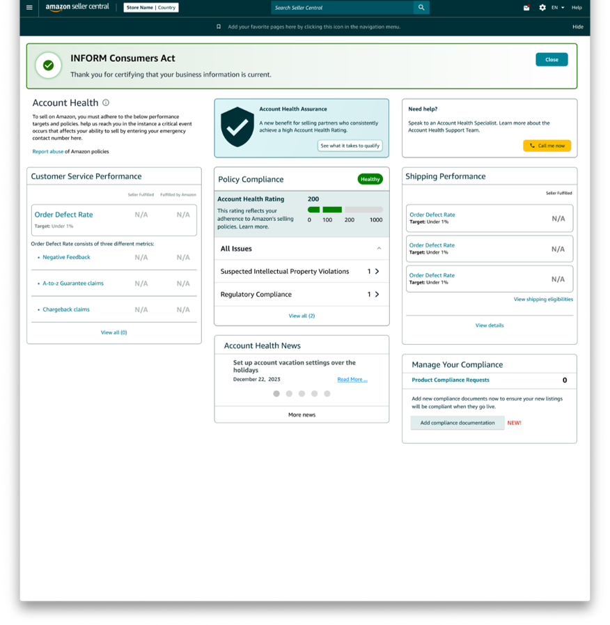 소비자정보 알림법에 따라 검증이 필요한 절차가 모두 완료된 경우, 아마존 셀러 센트럴 내 어카운트 헬스 페이지에서 해당 정보의 인증 완료 배너가 노출된 화면을 소개